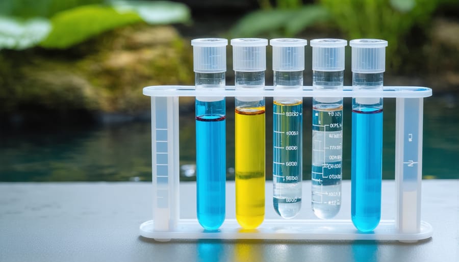 Water quality testing kit with multiple test tubes displaying pH, ammonia, and nitrate tests for koi pond maintenance