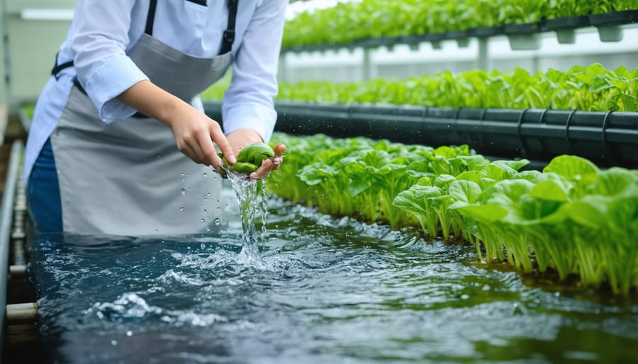 Aquaponics enthusiast using test kits to measure water nutrient levels in a home system