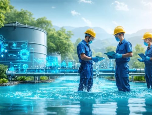 Workers in protective gear maintaining a water treatment facility surrounded by greenery, highlighting safety protocols and sophisticated monitoring equipment.