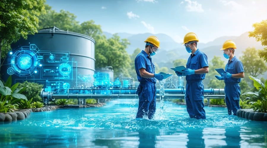 Workers in protective gear maintaining a water treatment facility surrounded by greenery, highlighting safety protocols and sophisticated monitoring equipment.