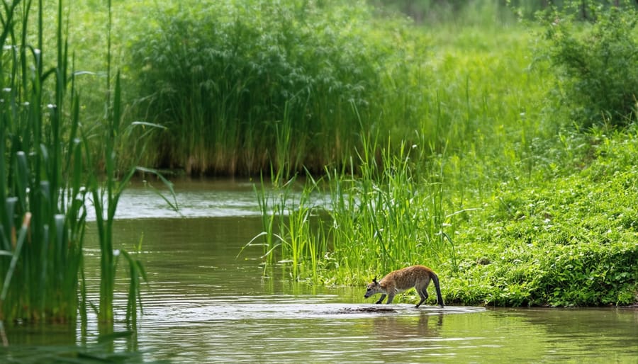 Integrated pond security system with motion sensors and cameras discretely placed among natural vegetation