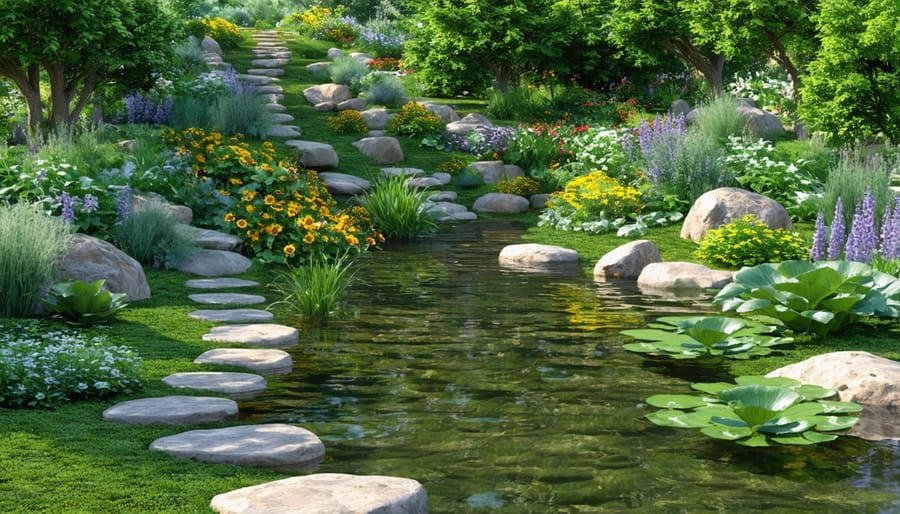 Natural garden pond design showing shallow areas and planted zones for wildlife access