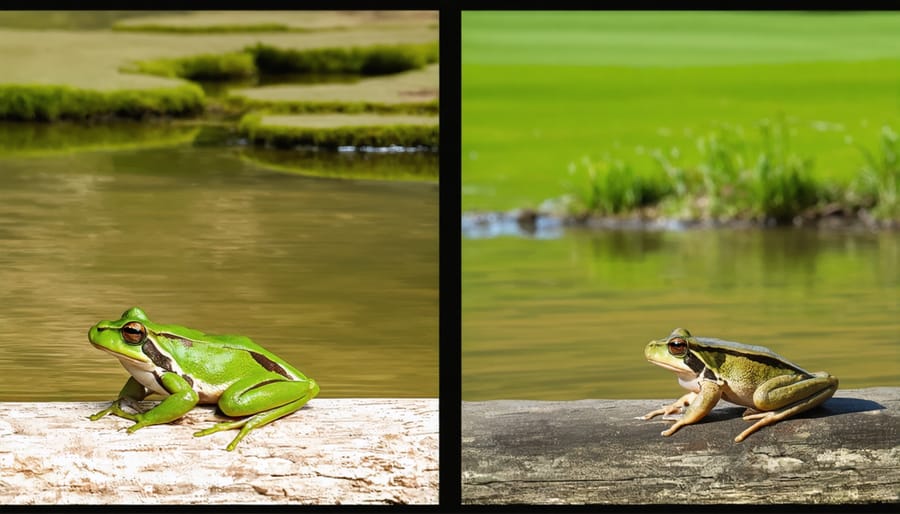 Frog transitioning between land and water on a naturalized pond bank