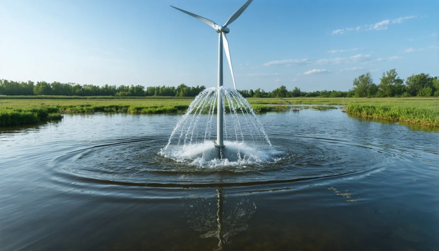 Wind-powered pond aerator with turbine and diffuser system in operation