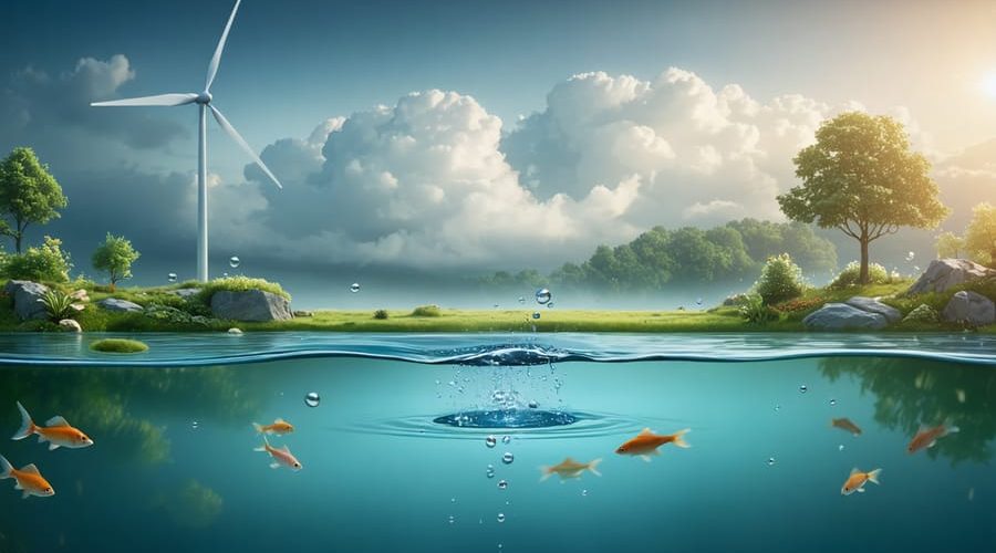 A wind-powered pond aerator with a rotating turbine dispersing bubbles in a tranquil pond, surrounded by fish and vibrant aquatic plants, symbolizing eco-friendly aeration and a healthy ecosystem.