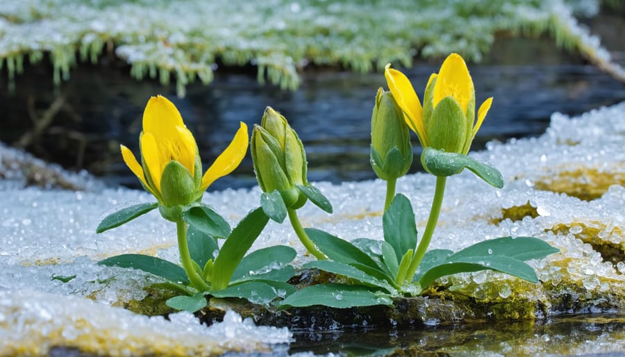 Bright yellow Winter Aconite flowers emerging through winter frost beside a garden pond