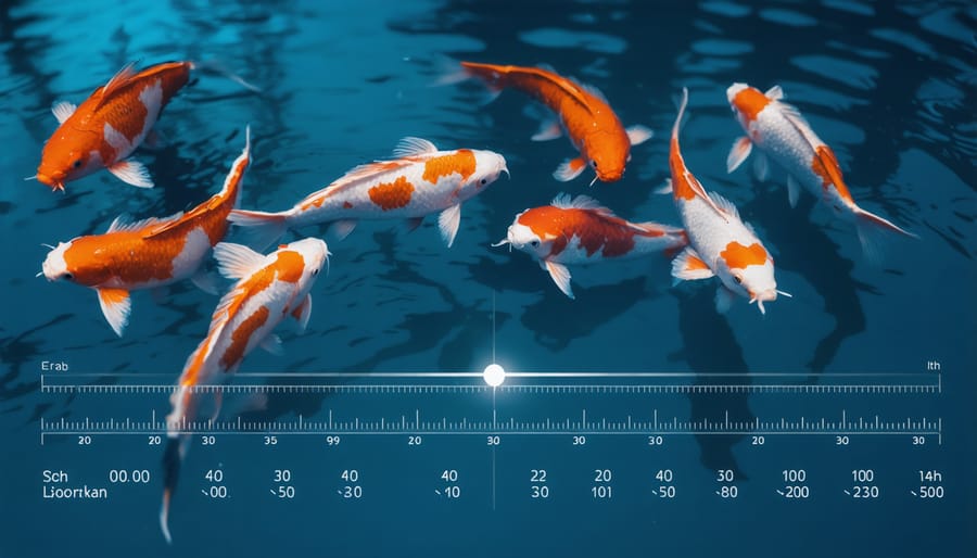 Cross-section view of pond showing fish in winter safe zone with depth markers