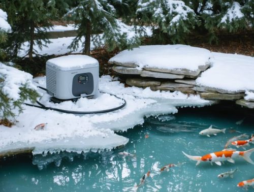 A tranquil winter pond scene illustrating ice management with a floating de-icer keeping a portion of the water unfrozen, allowing koi fish to thrive beneath the icy surface.