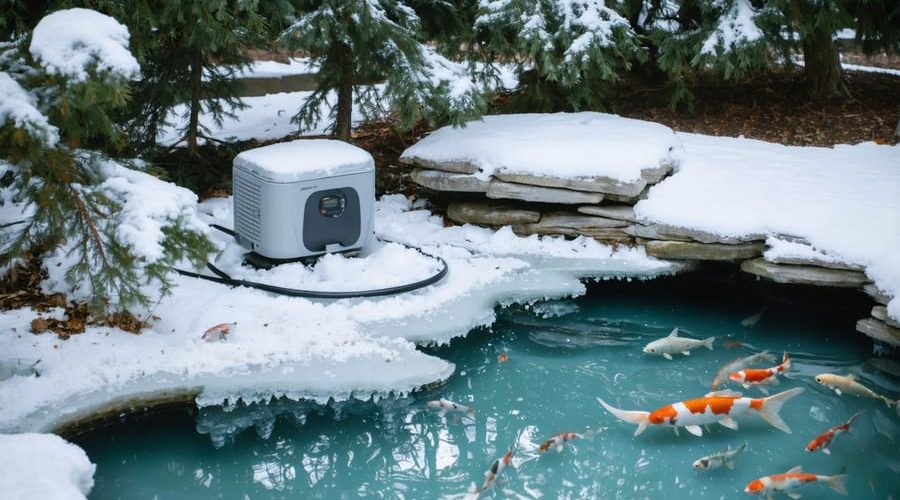 A tranquil winter pond scene illustrating ice management with a floating de-icer keeping a portion of the water unfrozen, allowing koi fish to thrive beneath the icy surface.