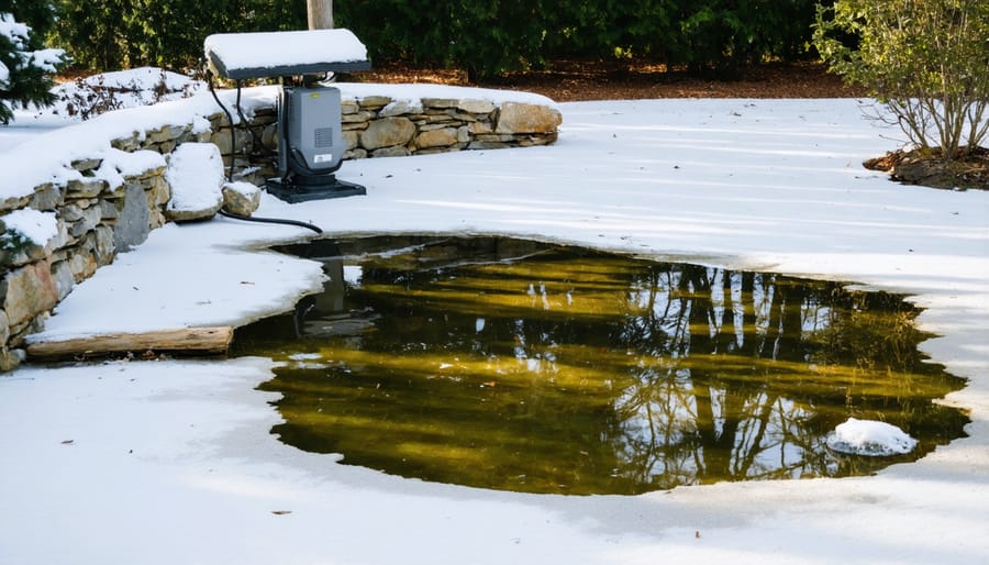 Winter pond scene with floating de-icer keeping a portion of water unfrozen for gas exchange