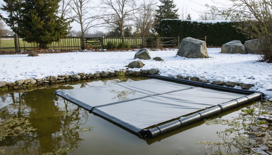 Pond in winter showing ice prevention methods including a floating de-icer and protective covering