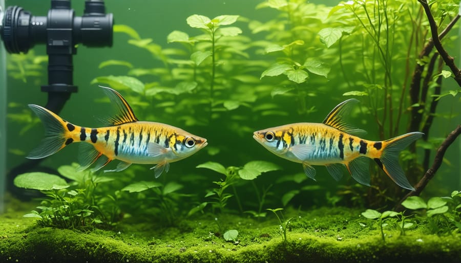 Underwater view of zebrafish breeding environment with plants and spawning materials