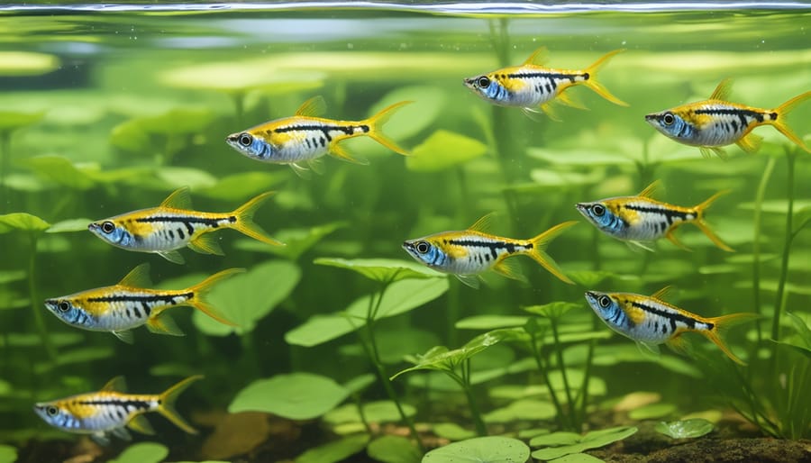 School of colorful zebrafish swimming among water plants in a garden pond