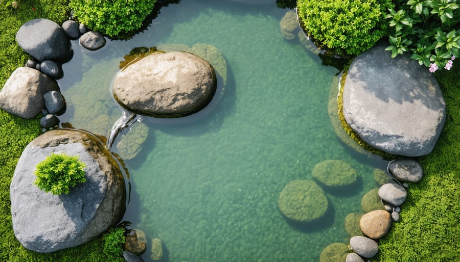 Bird's eye view of a traditional Japanese zen pond with asymmetrical design elements