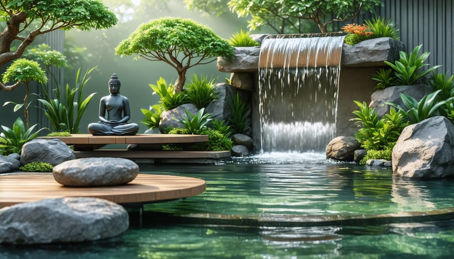 Peaceful water garden featuring a gentle waterfall, stone bench, and calming aquatic plants