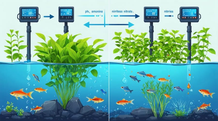 Modern illustration of an aquaponics system showing fish and plants above and below water, alongside water testing tools like pH meters and color strips, with arrows demonstrating the nitrogen cycle from ammonia to nitrates.