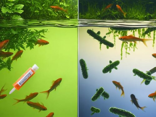 "Illustrated comparison of a healthy pond ecosystem with clear water and thriving life versus murky water with harmful bacteria and algae, emphasizing the importance of microbiological testing."