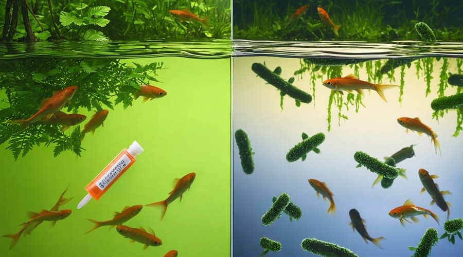 "Illustrated comparison of a healthy pond ecosystem with clear water and thriving life versus murky water with harmful bacteria and algae, emphasizing the importance of microbiological testing."