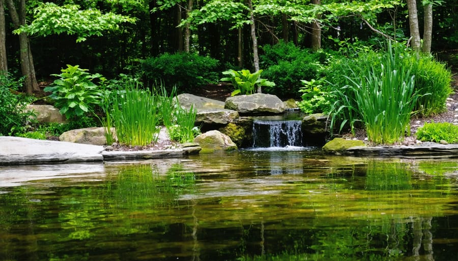 Healthy pond ecosystem with balanced aquatic plants and proper filtration