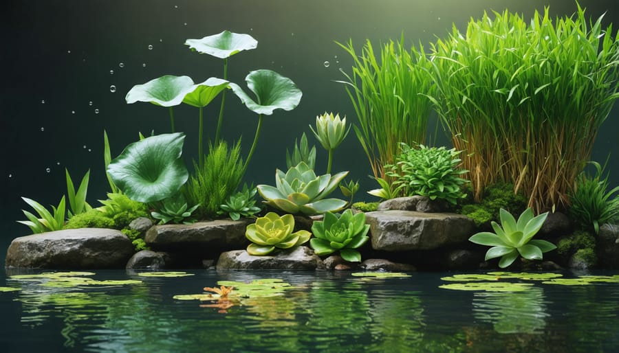 Healthy water garden with diverse plant life including water lilies, cattails, and underwater vegetation