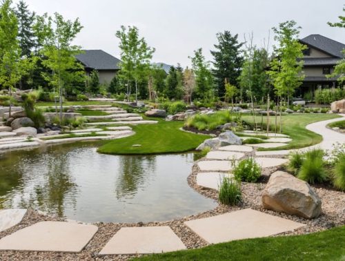 A landscaped dry pond integrated into a residential setting, showing native plants, terraced edges, and decorative rock formations, illustrating sustainable water management.