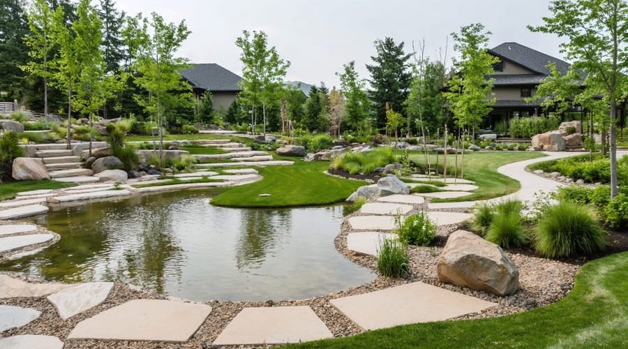 A landscaped dry pond integrated into a residential setting, showing native plants, terraced edges, and decorative rock formations, illustrating sustainable water management.