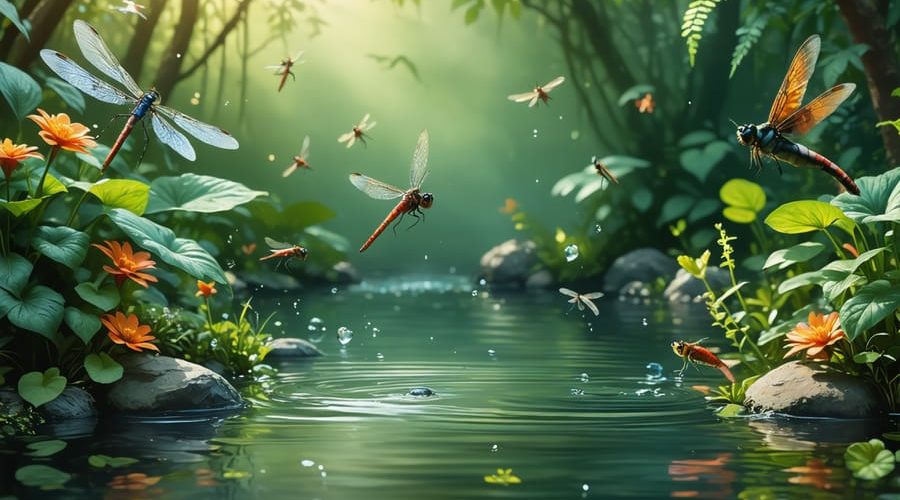 Illustration depicting a peaceful pond ecosystem with dragonflies, mosquitofish, and vibrant plants, highlighting the role of beneficial organisms in natural pond management.