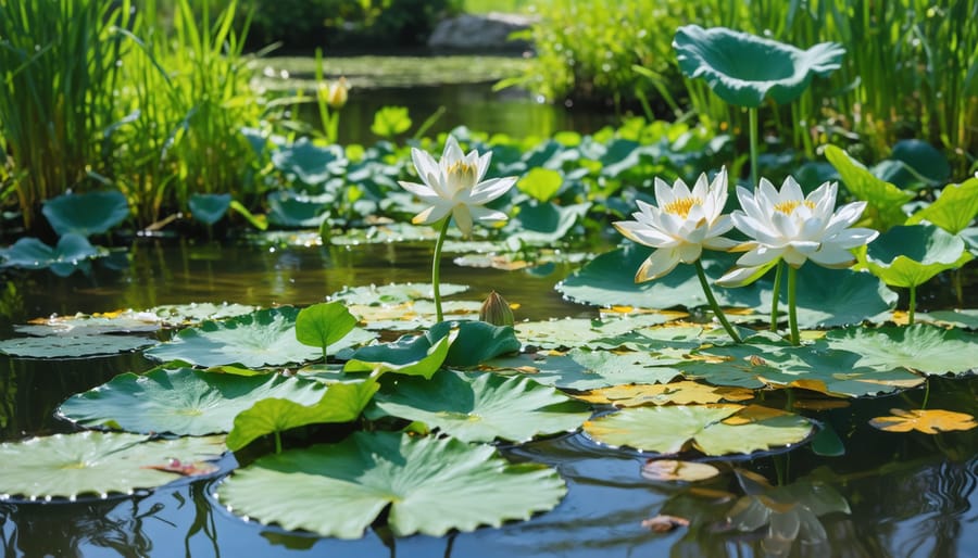 Healthy pond with floating plants providing natural weed control