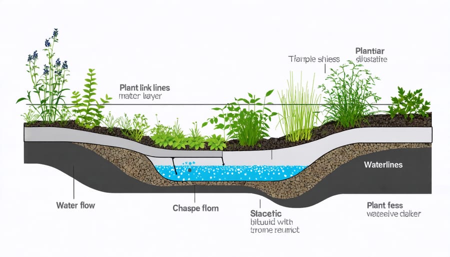 Illustrated cross-section of a bioswale showing ground cover, mid-level, and tall plants with water flow patterns