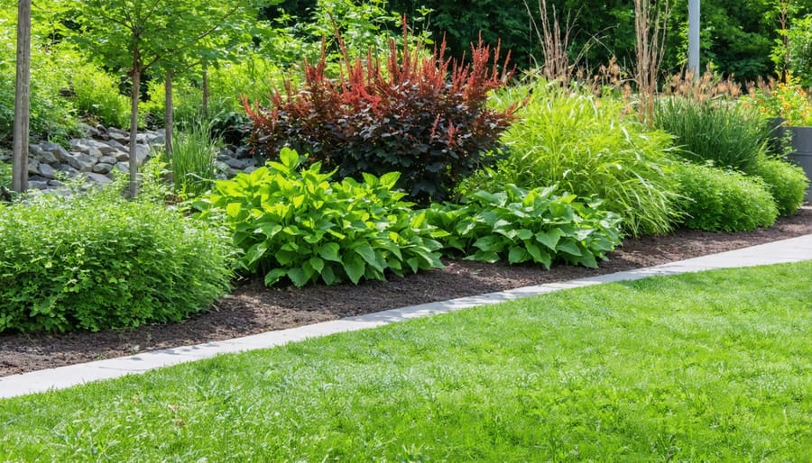 Gardener performing maintenance tasks in a mature bioswale garden during spring