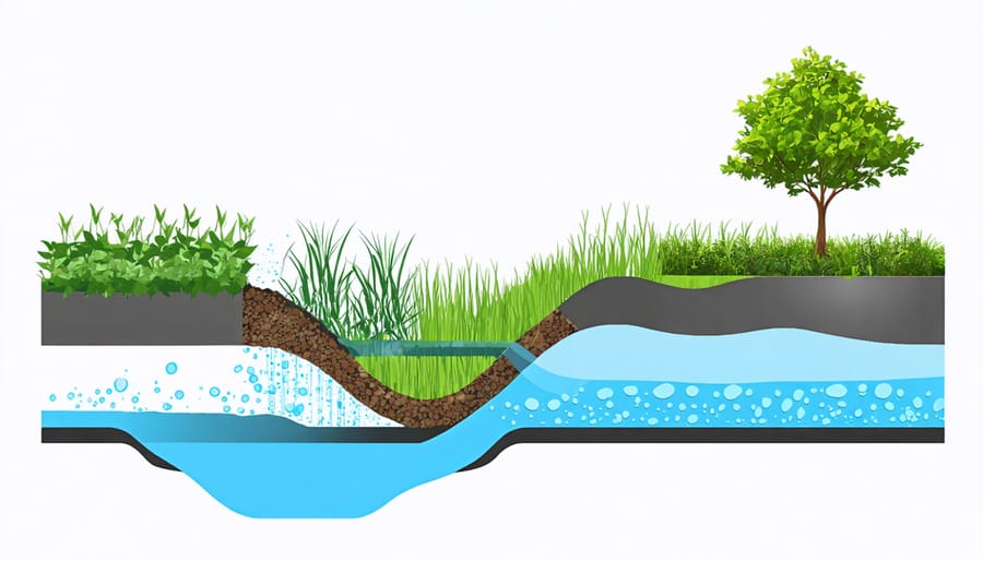 Illustrated cross-section of natural filtration system with labeled components and water flow