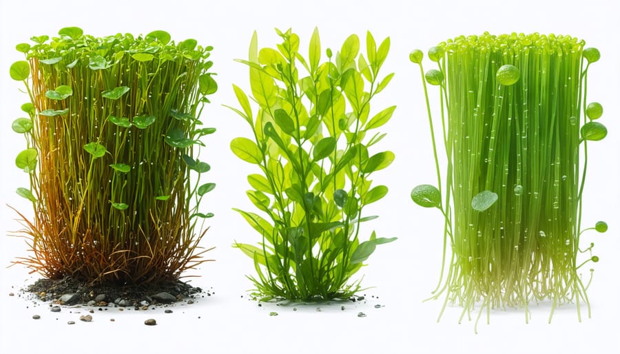 Visual comparison showing the distinct appearances of string algae, floating algae, and planktonic algae in pond water