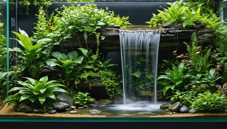 Fully equipped water feature vivarium with cascading waterfall, tropical plants, and LED lighting system