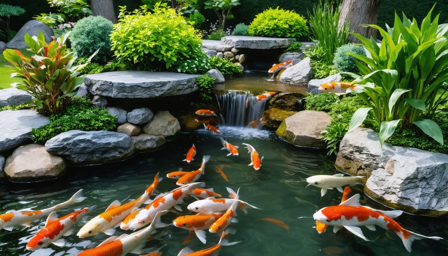 Beautiful completed koi pond with landscaped edges, water plants, and visible koi fish