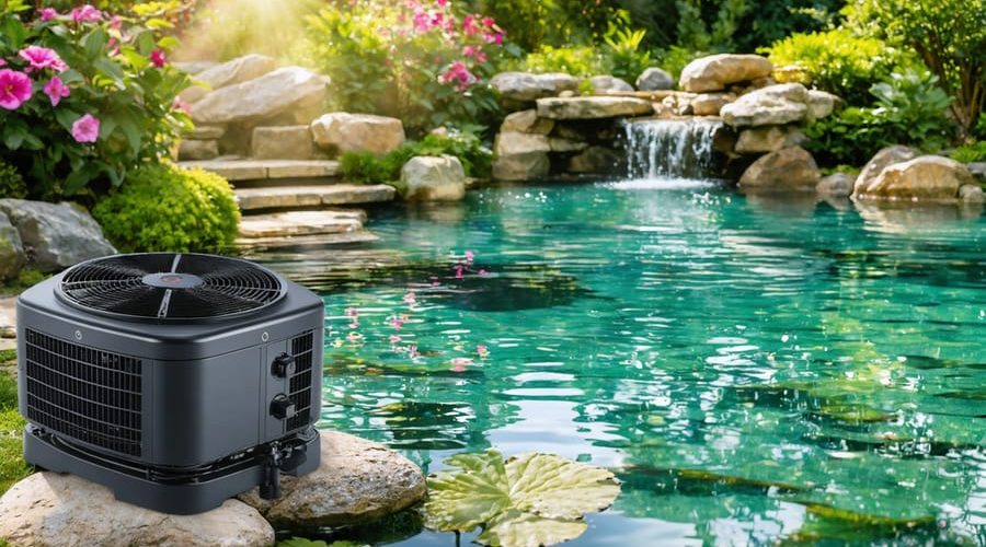 A serene backyard pond enclosed by vibrant foliage and flowers, with a partial representation of a filtration system showcasing the mechanical and biological layers essential for maintaining crystal-clear water.