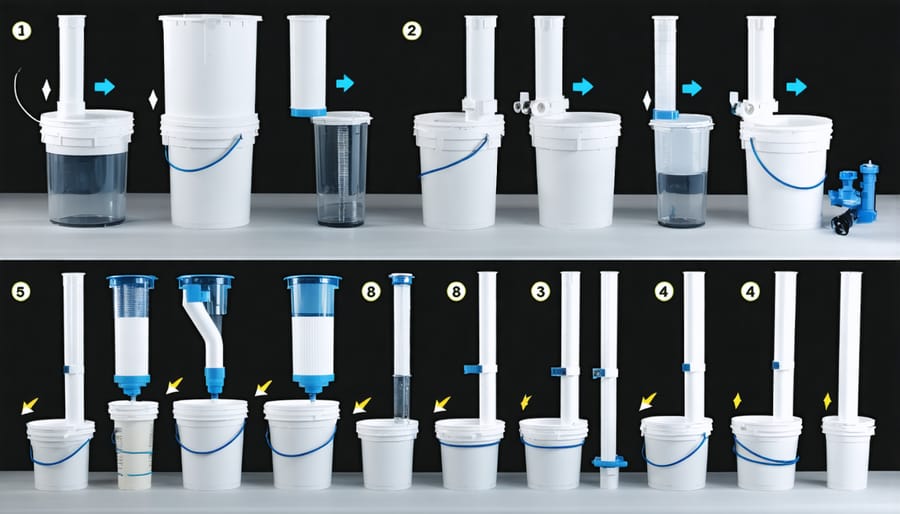 Construction stages of a multi-stage bucket filter system for ponds