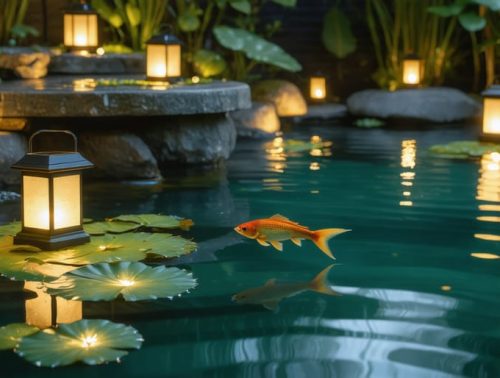 Nighttime view of a backyard pond illuminated by soft solar lanterns and gentle underwater LED lights, showcasing a peaceful and eco-friendly aquatic environment.