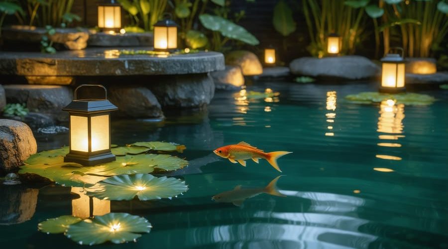 Nighttime view of a backyard pond illuminated by soft solar lanterns and gentle underwater LED lights, showcasing a peaceful and eco-friendly aquatic environment.