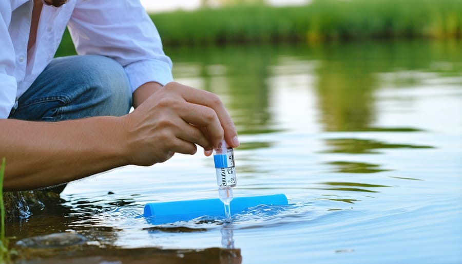 Pond owner testing water quality with a home testing kit near their backyard pond