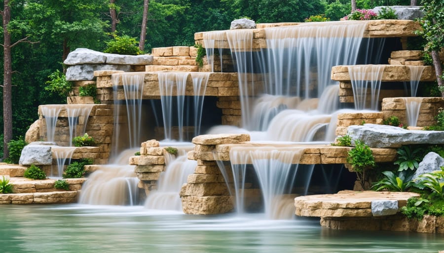 Beautiful waterfall made from stacked rocks with water flowing into koi pond