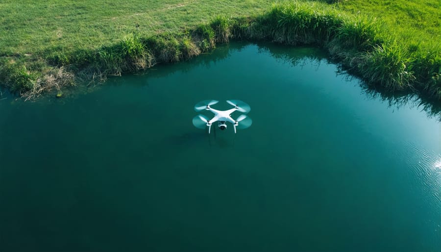 Drone equipped with sensors flying above a residential pond for water quality assessment