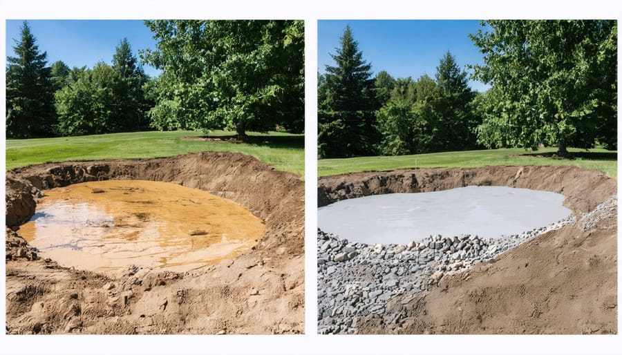 Split image showing barren depression before and landscaped dry pond after installation with native plants