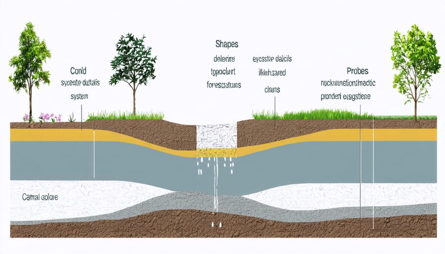 Technical illustration of dry pond structure showing inlet, outlet, soil layers, and drainage system