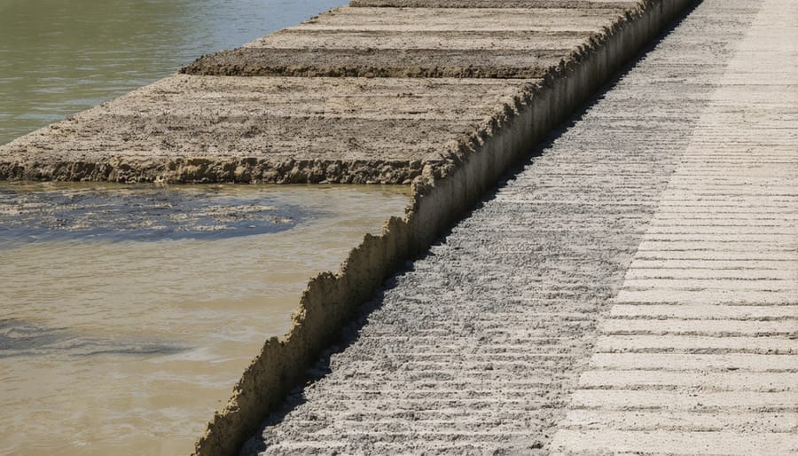 Close-up view of dry pond inlet showing riprap, vegetation, and structural components