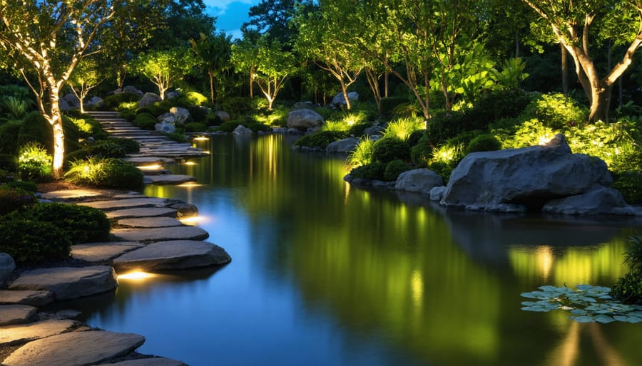 Night scene of an illuminated garden pond with pathway lights and underwater accents