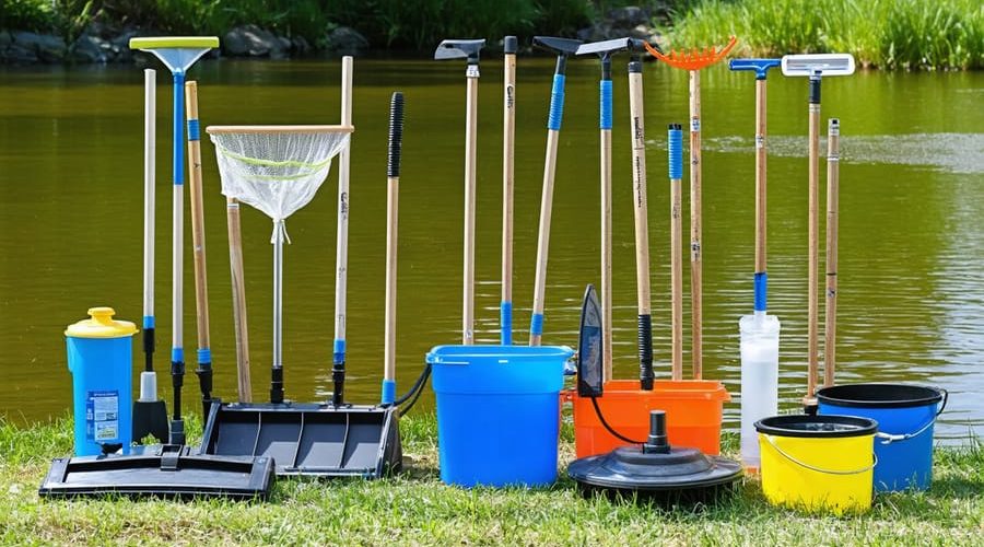 A collection of essential tools for pond maintenance, including nets, skimmers, pond vacuum, and water testing equipment, showcased by a calm and clear pond.