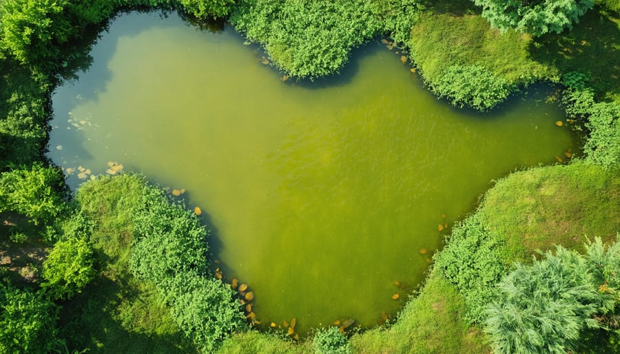 Aerial view of a landscaped pond with visible plant zones and healthy fish habitat