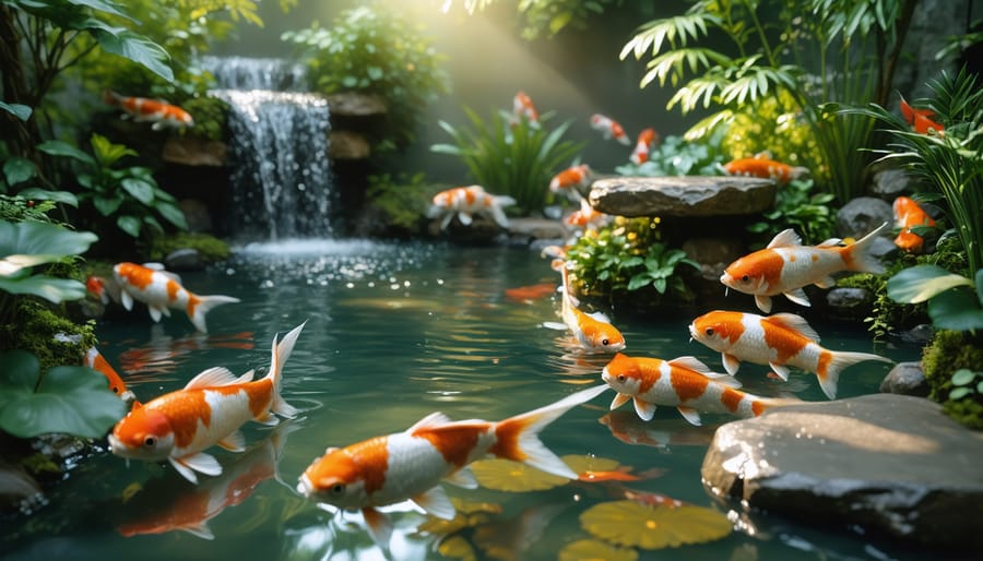 Evening view of illuminated koi pond with underwater lights and surrounding aquatic plants