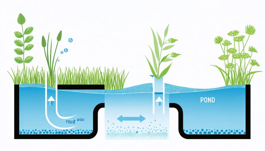 Diagram illustrating the complete 4-stage pond filtration process with labeled components