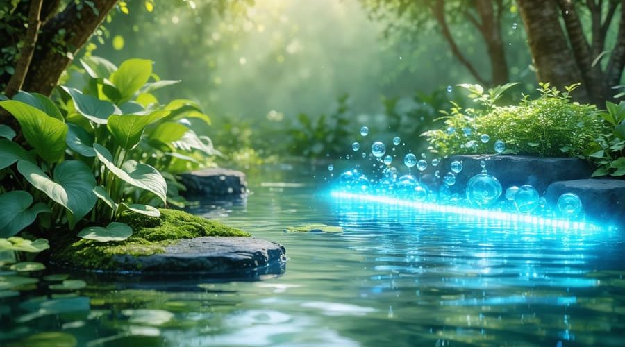 Conceptual illustration of a 4-stage pond filtration system showing a pond with clear water surrounded by nature, highlighting stages like mechanical filtration, biological filtration, chemical filtration, and UV treatment.